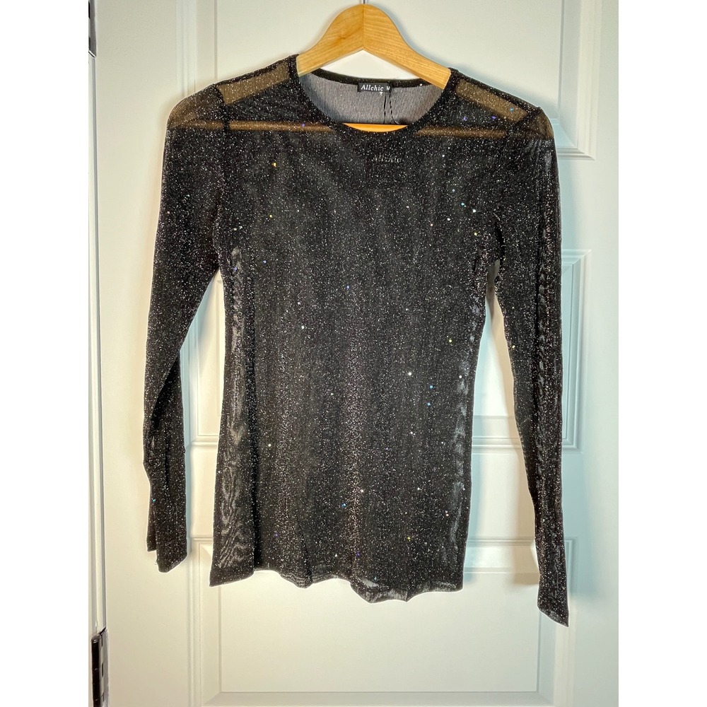 Allchic Women Black Sheer Mesh Shimmer Rhinestone Long Sleeve Top Size M NEW